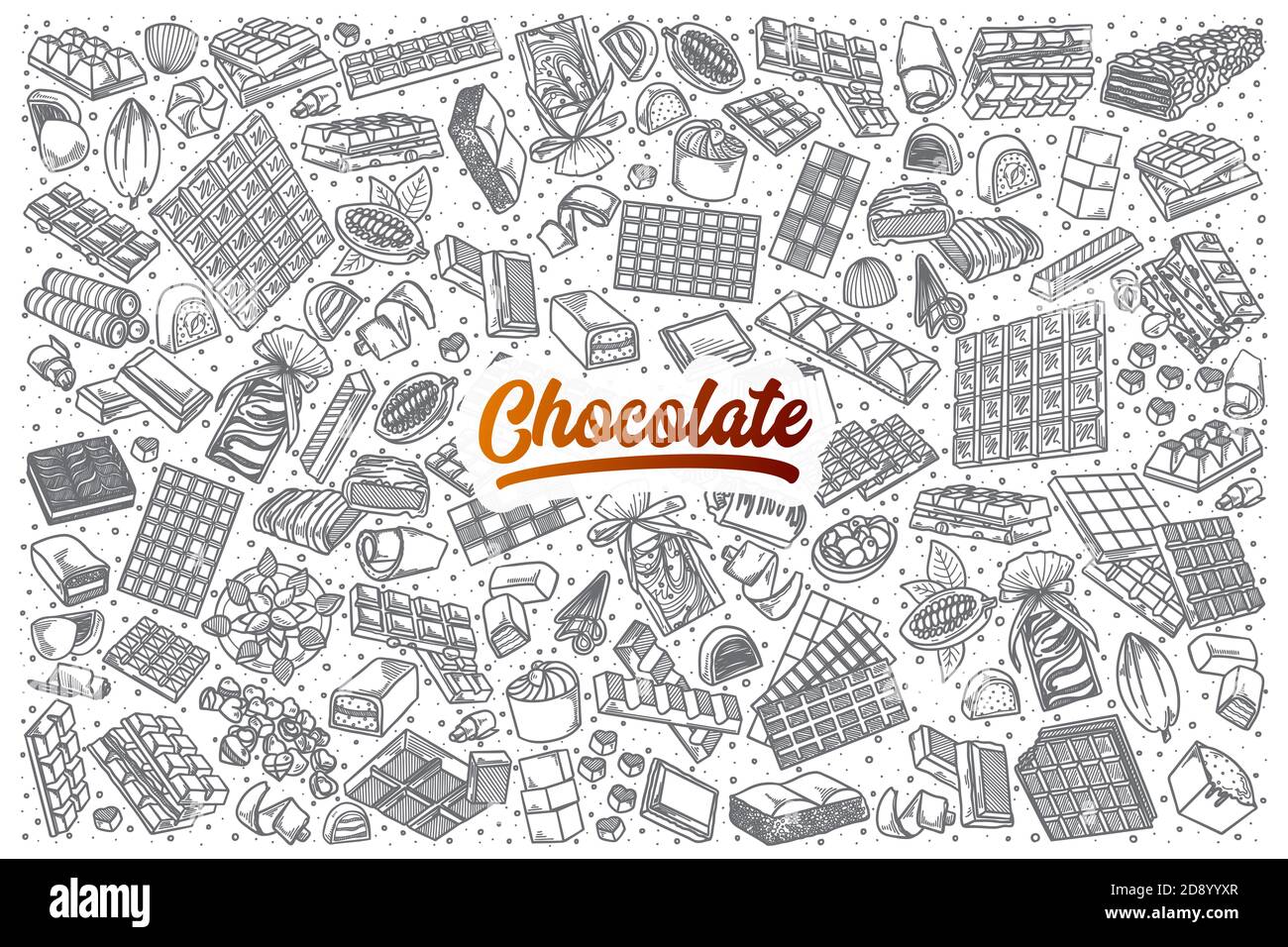 Doodle al cioccolato disegnato a mano con scritta arancione vettore Foto Stock