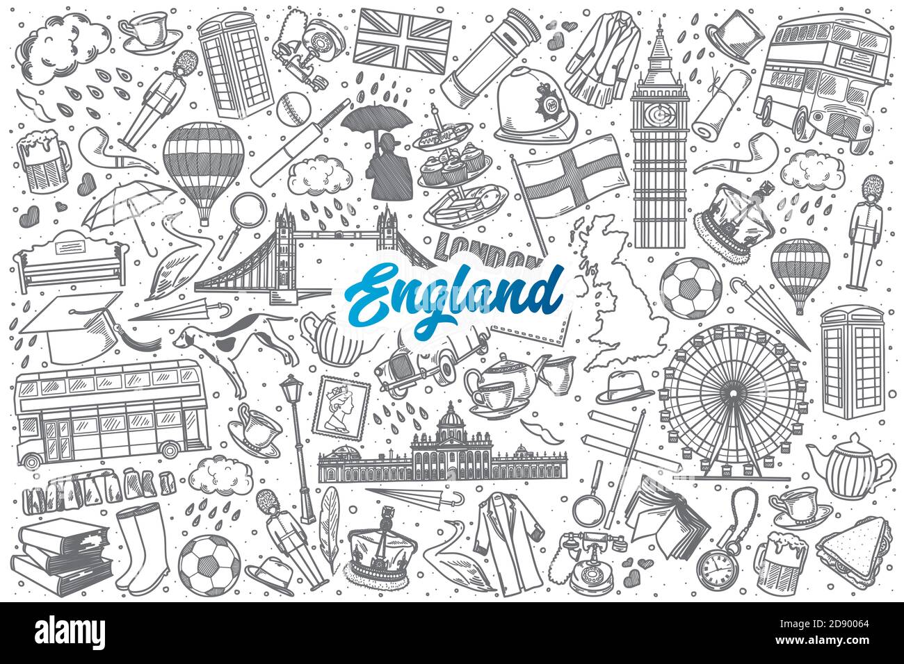 Hand Drawed England doodle sfondo set con scritta blu in vettore Foto Stock