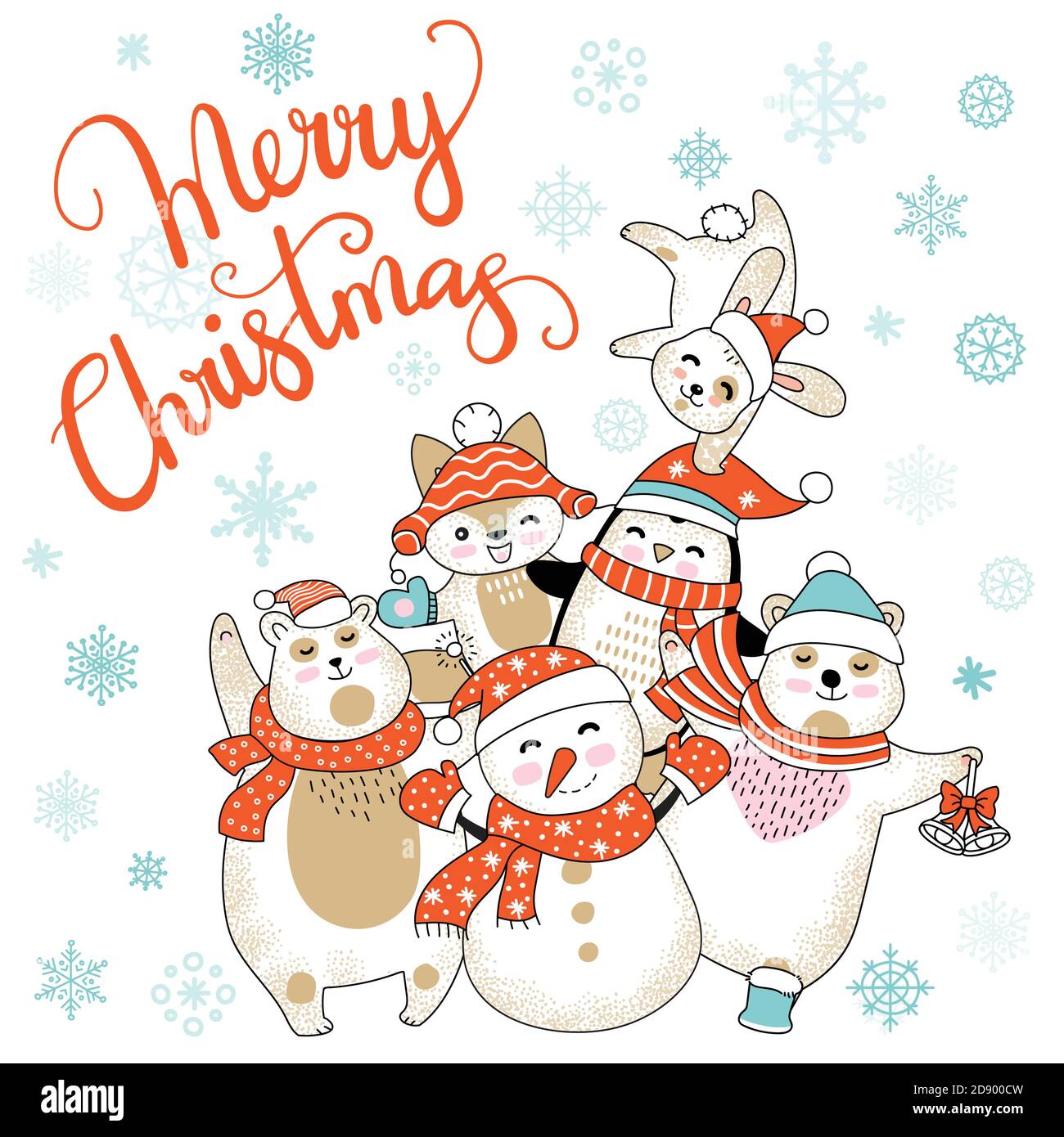 Vector Merry Christmas card con divertenti personaggi felici che celebrano isolati su sfondo bianco. Orso, pupazzo di neve, pinguino, volpe. Calligraphy. Per l'arredamento, Illustrazione Vettoriale