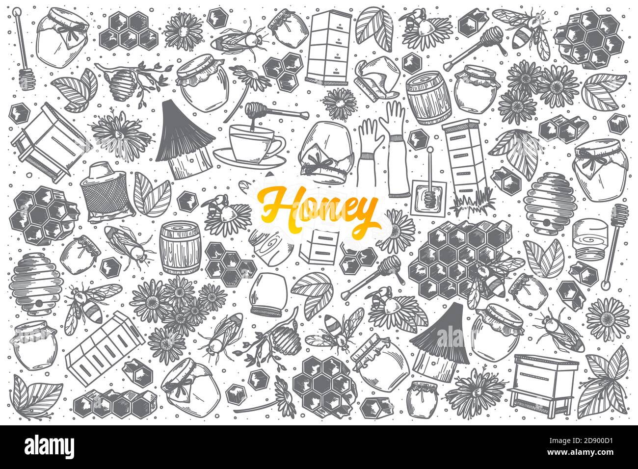 Hand Drawed Honey doodle sfondo set con scritta arancione in vettore Foto Stock
