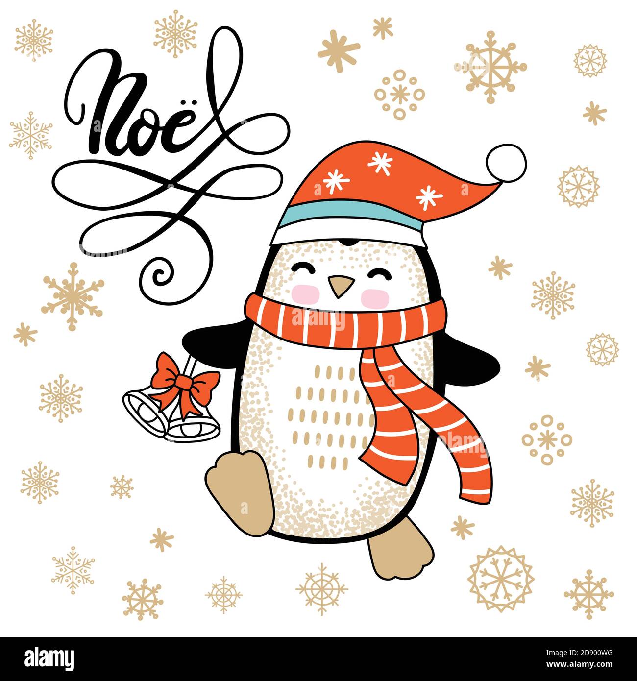Vector Merry carta di Natale con divertente carattere felice che celebra isolato su sfondo bianco. Pinguino a Santa Hat. Calligrafia di Noel. Per l'arredamento, de Illustrazione Vettoriale