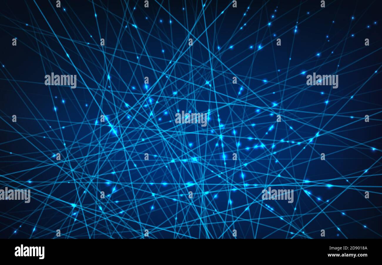 Reti neurali. Intelligenza artificiale e concetto di apprendimento profondo. Linee e nodi collegati in celle web computer. Vettore Illustrazione Vettoriale