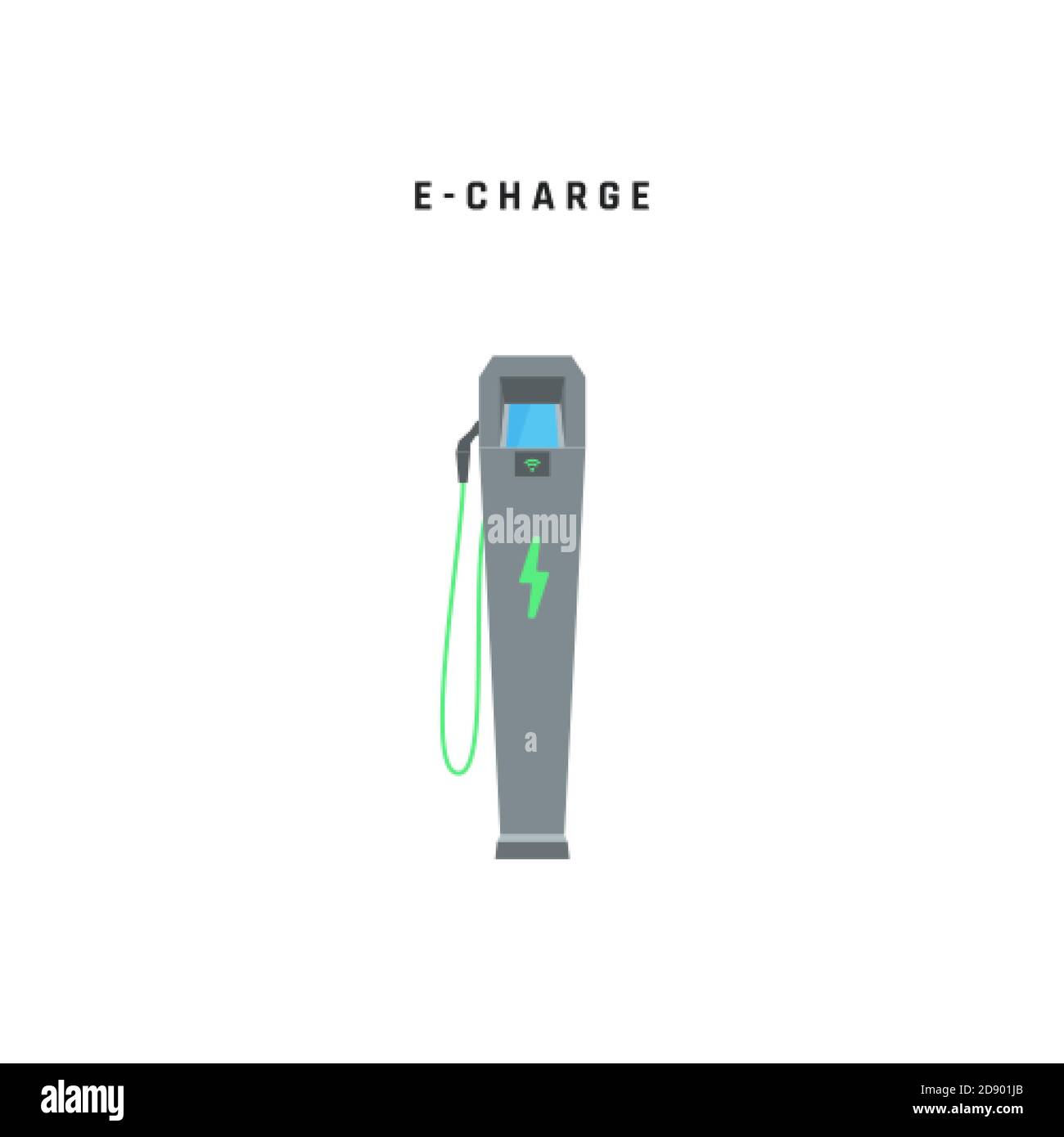 E-charge. Stazione di ricarica per auto elettrica. Energia verde o concetto ecologico. Illustrazione vettoriale isolata su sfondo bianco Illustrazione Vettoriale