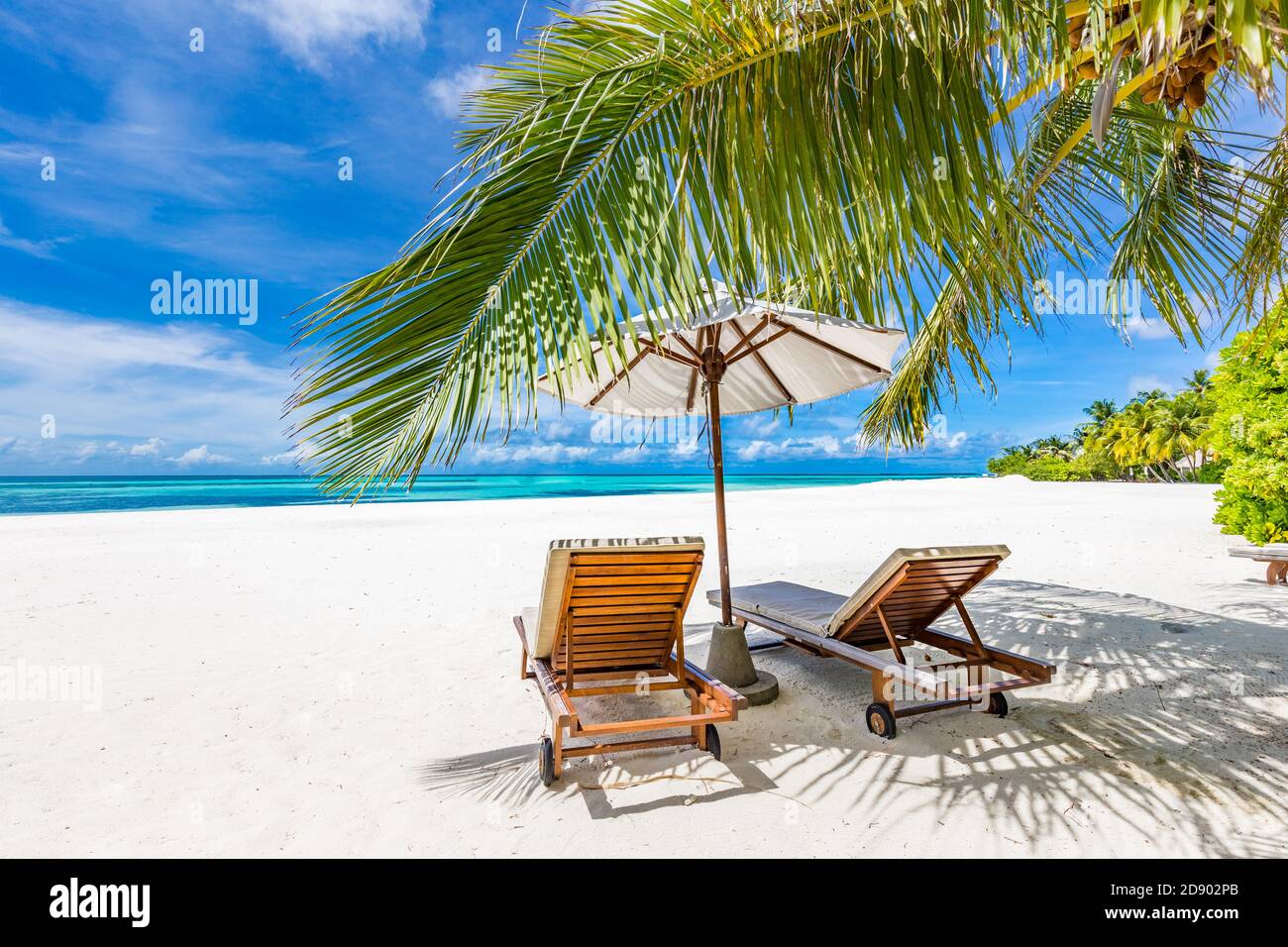 Bellissima spiaggia tropicale. Bianco sabbia cocco palme viaggio turismo ampio panorama sfondo. Splendida spiaggia paesaggio isola di lusso vacanza resort Foto Stock