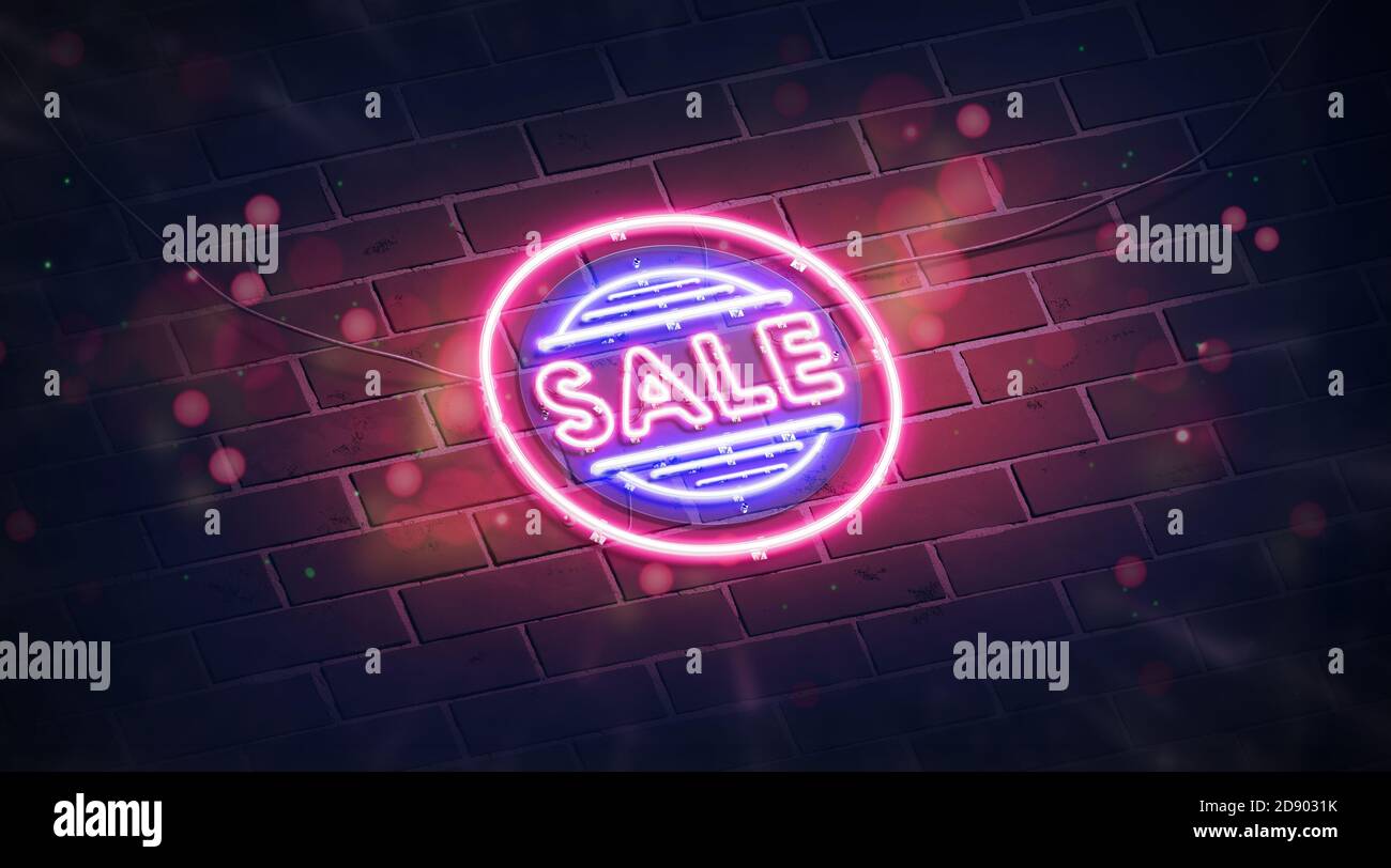 Simbolo di vendita al neon sulla parete di mattoni scuri mockup rosa chiaro Foto Stock
