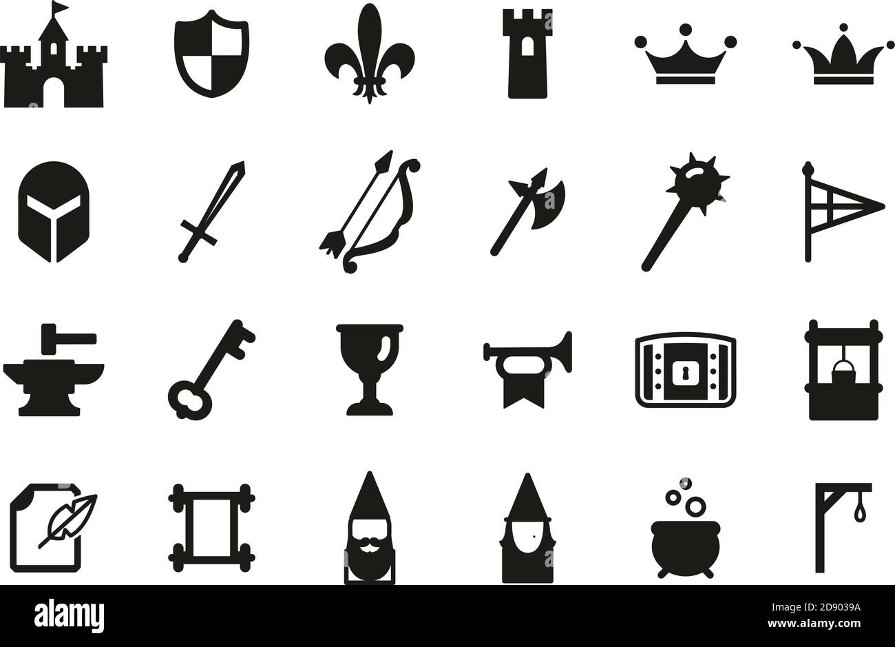 Icone del castello medievale Set Bianco e nero Grande Illustrazione Vettoriale
