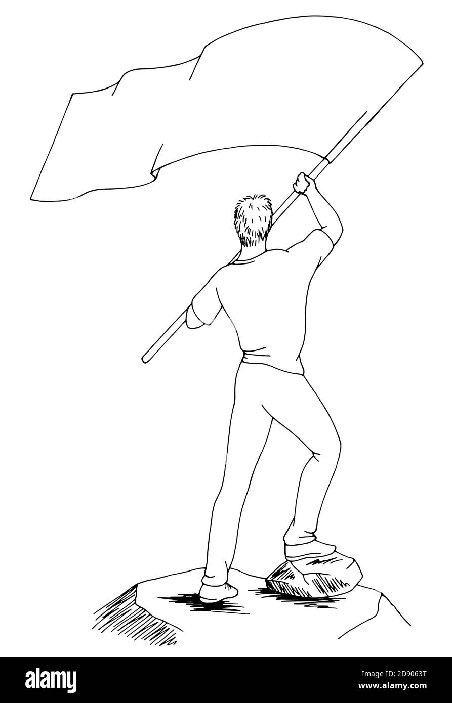 Uomo che sventolava una bandiera in alto isolato grafico nero vettore di illustrazione dello schizzo bianco Illustrazione Vettoriale