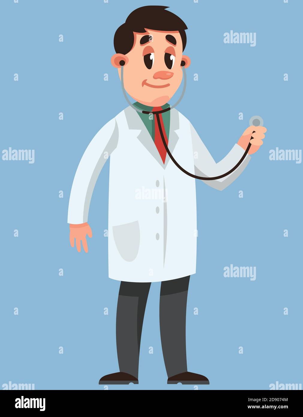 Medico che tiene stetoscopio. Carattere maschile in stile cartoon. Illustrazione Vettoriale