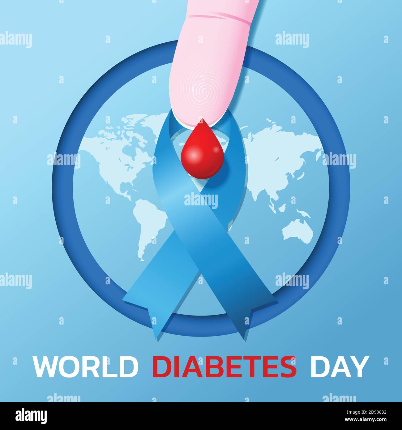 Logo o banner della giornata mondiale del diabete con nastro blu e. goccia di sangue sul dito Illustrazione Vettoriale