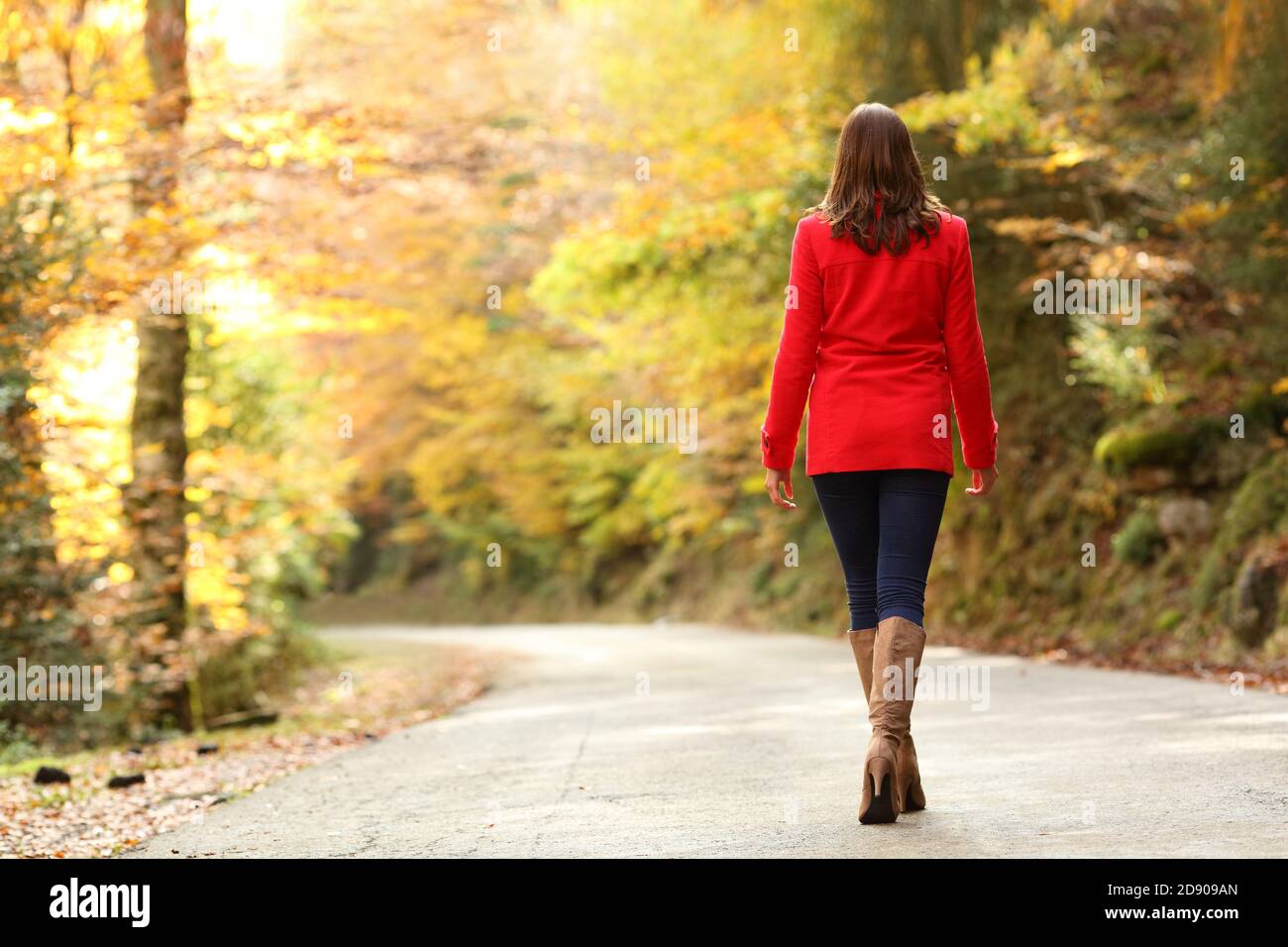 Indietro ritratto di una donna di moda in rosso camminando in autunno in una strada forestale o parco Foto Stock