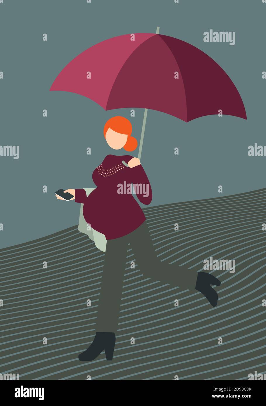 Donna incinta che corre con ombrello e smartphone in mano nel tempo piovoso autunnale. Illustrazione vettoriale moderna. Illustrazione Vettoriale