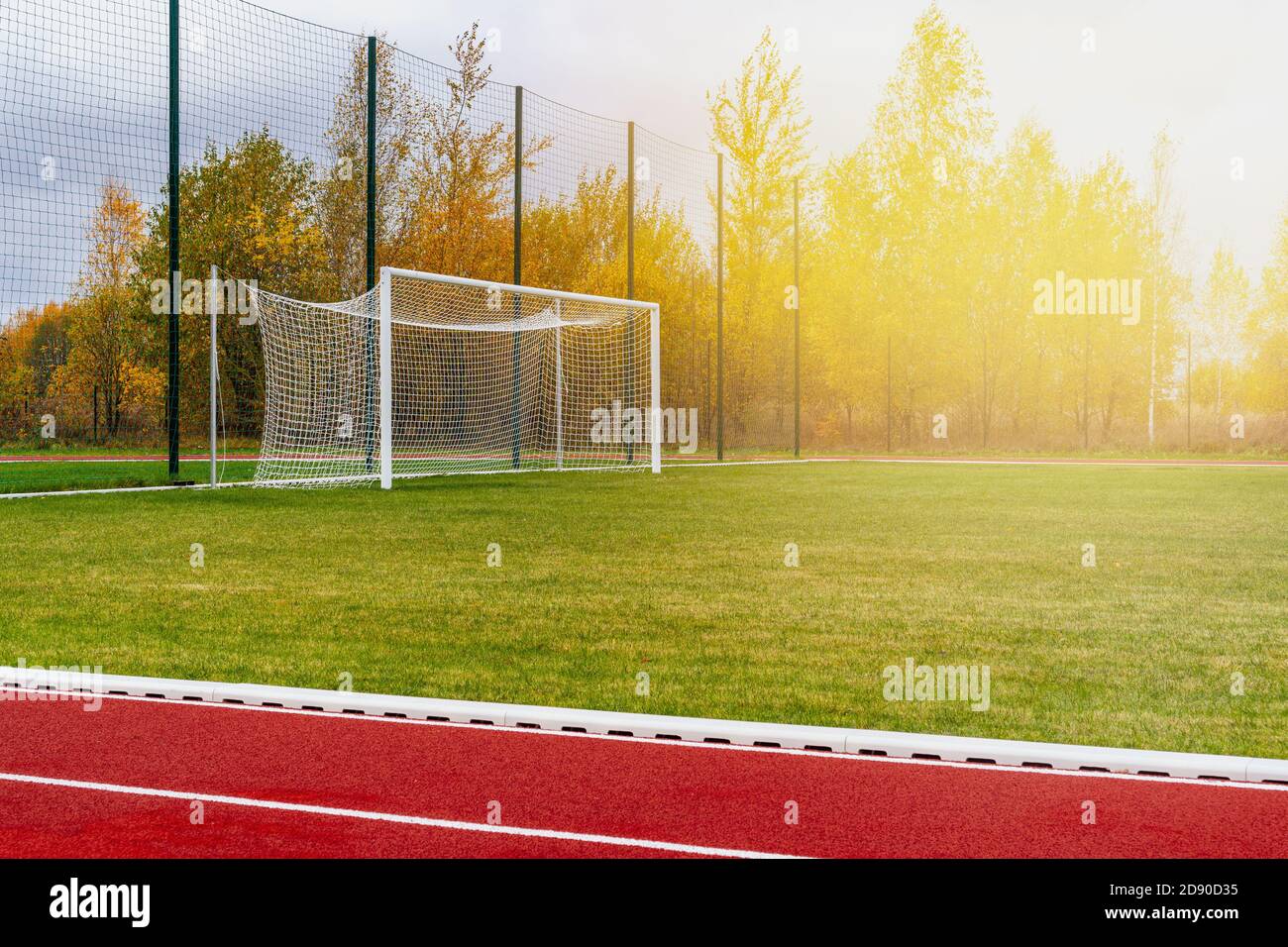 Stadio di atletica. Tapis roulant per atletica all'aperto con linee di pista dietro il cancello da calcio. Foto Stock
