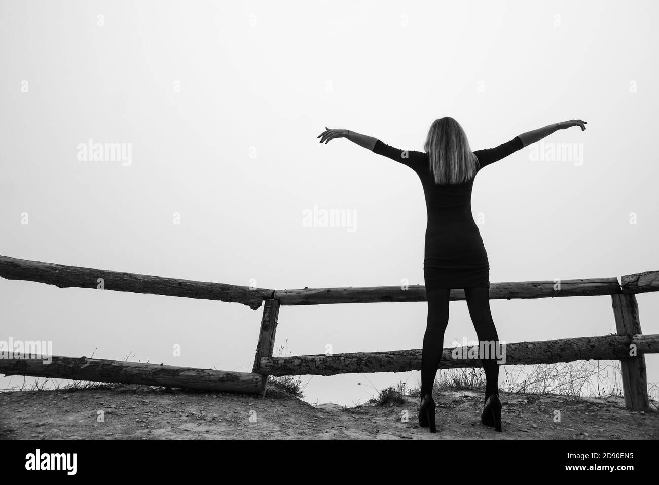 La ragazza ha allargato le braccia mentre si sta in piedi sul piattaforma di osservazione in una mattina presto nebbia Foto Stock