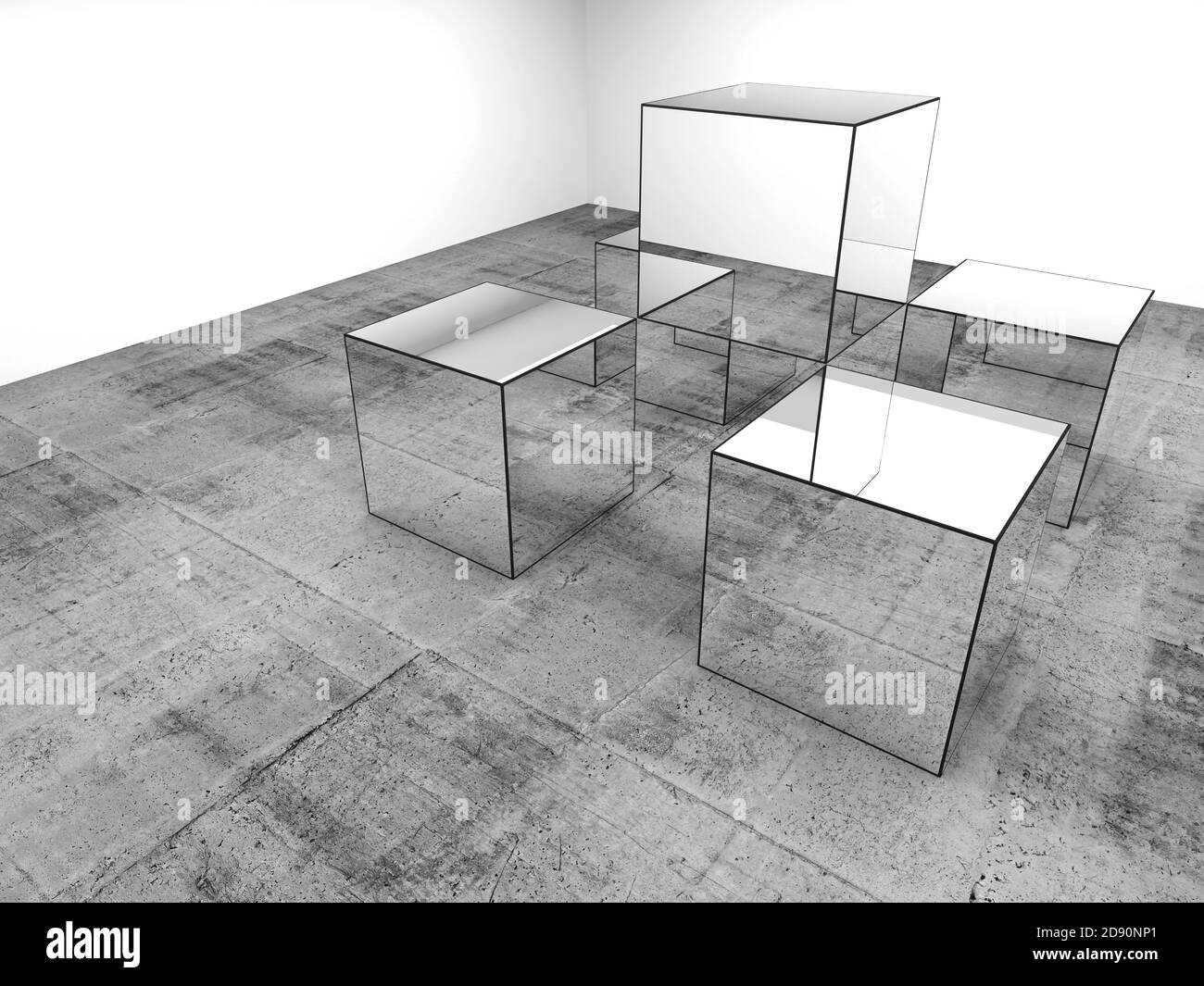 L'installazione dei cubetti a specchio è in una stanza bianca con pavimento in cemento grigio scuro, arte astratta dell'installazione, illustrazione del rendering 3d Foto Stock