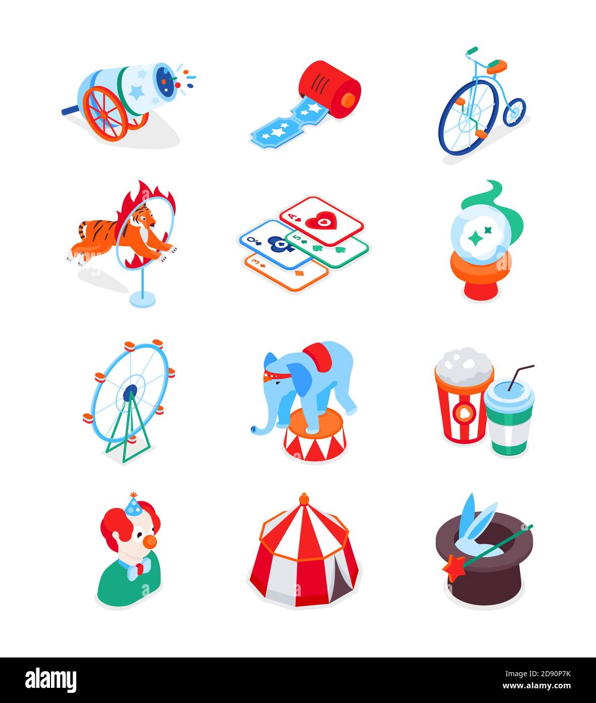Parco divertimenti - Set di icone isometriche moderne e colorate Illustrazione Vettoriale