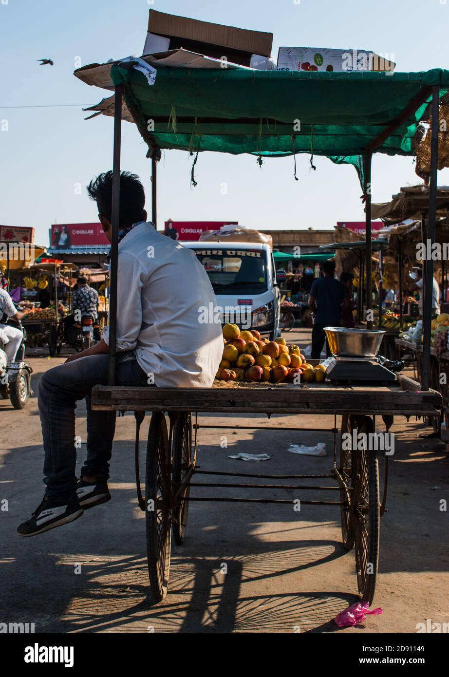 Jaisalmer, Rajasthan / India - novembre 02 2020 : giovane uomo adulto siede sul suo proprio carrello di frutta, uomo che vende frutta e siede sul suo proprio carrello Foto Stock