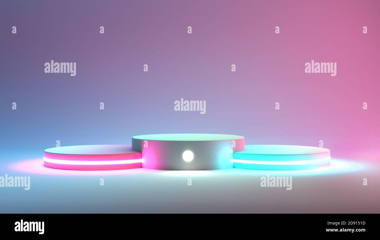Rendering 3D di tre eleganti podi con luci al neon su sfondo colorato per la scena di presentazione del prodotto. Piattaforma di visualizzazione Foto Stock
