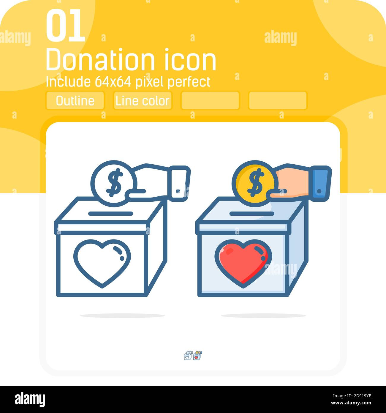Icona donazione con linea sottile isolata su sfondo bianco. Vettore, segno e concetto icona simbolo semplice per grafica, attività sociali, web Illustrazione Vettoriale