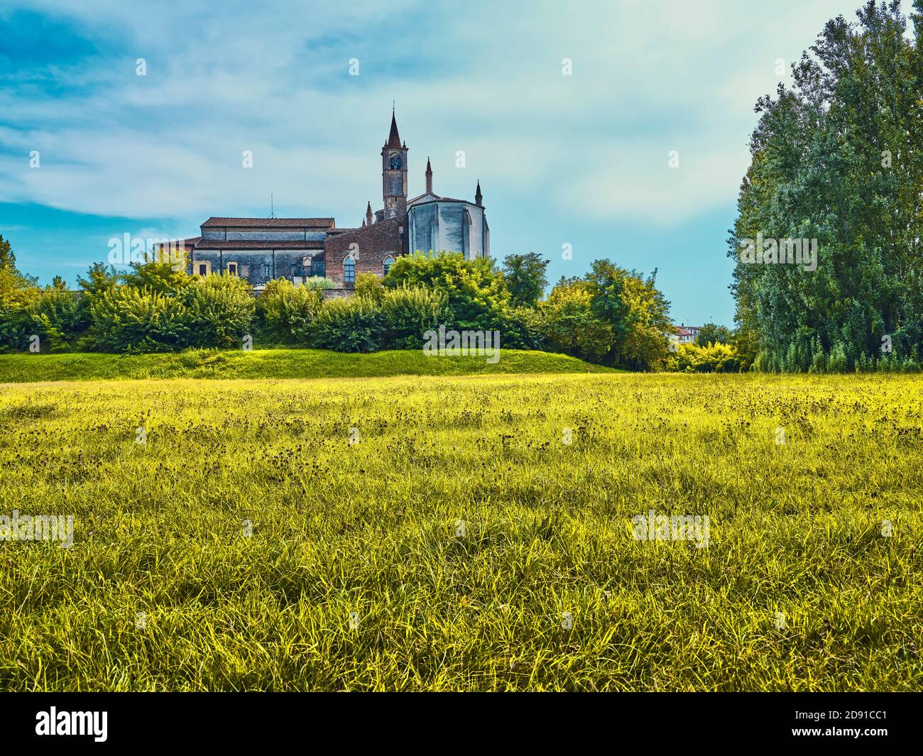 Prato verde con lo skyline di una cattedrale di Mantova Foto Stock