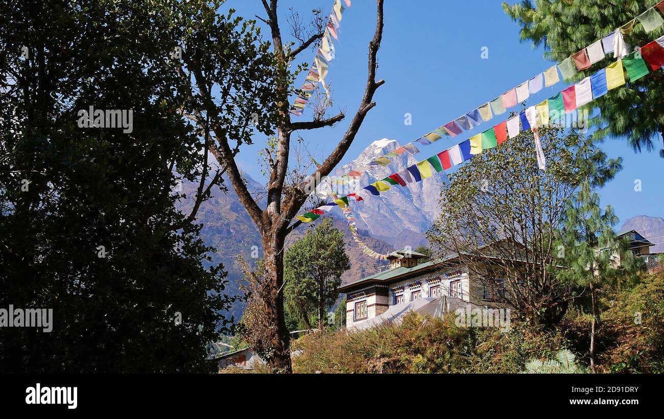 Bandiere colorate di preghiera buddista legate ad un albero che svetta nel vento con casa di pietra e montagne sullo sfondo tra Lukla e Phakding, Nepal. Foto Stock