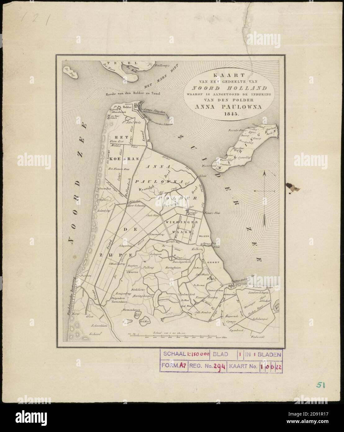 Kaart van een gedeelte van Noord-Holland, waarop is aangetoond de injking van den polder Anna Paulowna 1845 1 kaart kopergravure, Foto Stock