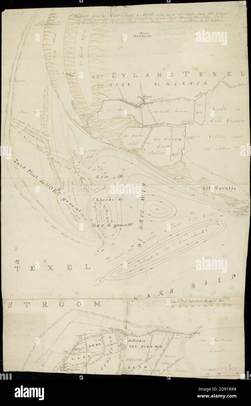 Kaart van de zandplaat de Horst. Verderen de kom van de Reede daar agter gelegen de Mock genaamdt, geneevens de ondiepte de Laan, Texel stroom, Marsdiep, Met de Huijsduijner en de Helderse, Foto Stock