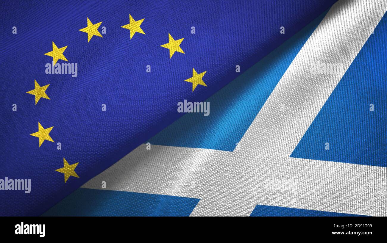 Unione europea e Scozia due bandiere tessuto tessuto, tessuto Foto Stock