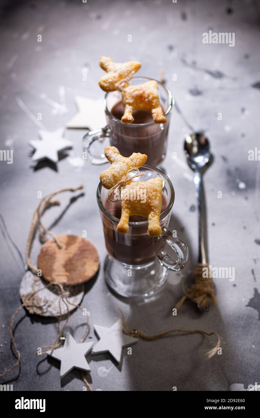 Cioccolata calda di Natale e biscotti dolci. Cibo sano e drink. Stile country. Foto Stock