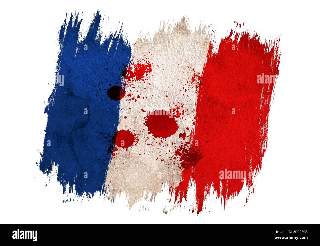 Bandiera d'epoca della Francia con gocce di sangue. Francia bandiera e sangue. Foto Stock