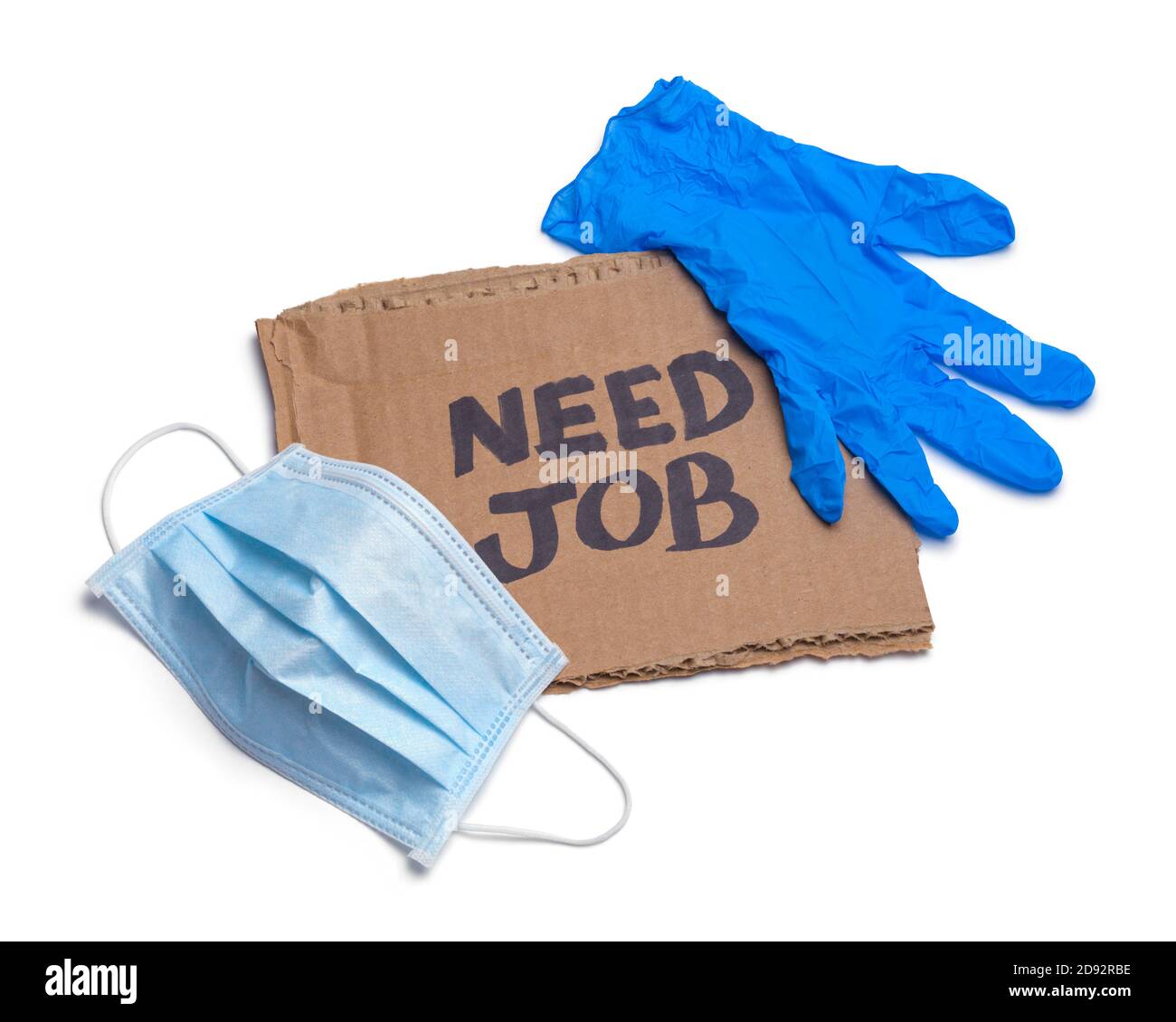 Cartello di cartone con maschera medica e guanto. Foto Stock