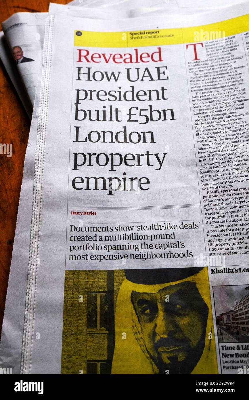 "Ha rivelato come il presidente degli Emirati Arabi Uniti ha costruito £5mn impero di proprietà di Londra" Sheikh Khalifa estate Guardian giornale titolo su articolo 18 ottobre 2020 Londra, Regno Unito Foto Stock