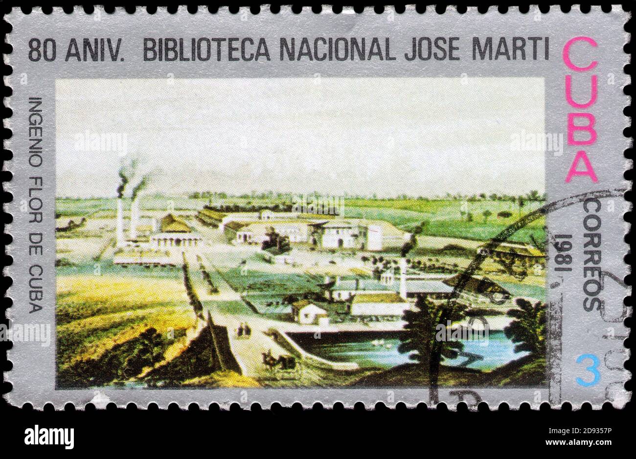 San Pietroburgo, Russia - 31 maggio 2020: Stampato a Cuba con l'immagine del zuccherificio Flor de Cuba, circa 1981 Foto Stock