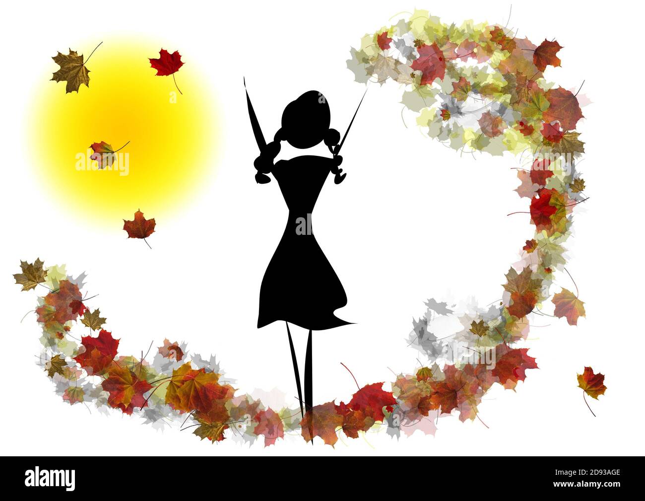 Foto e disegno combinazione di una ragazza e girando autunno foglie Foto Stock