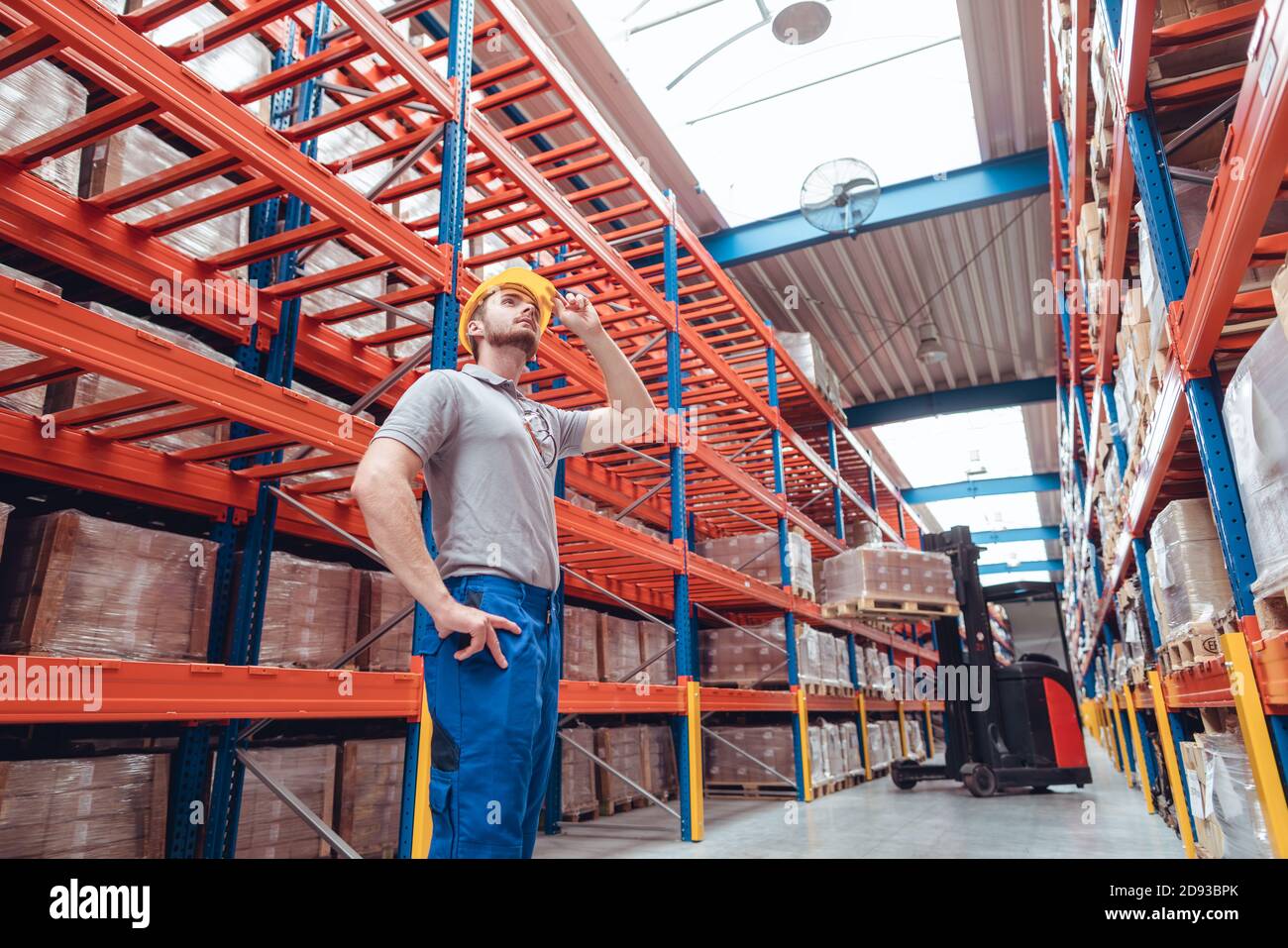 Operatore logistico in piedi in alto magazzino Foto Stock