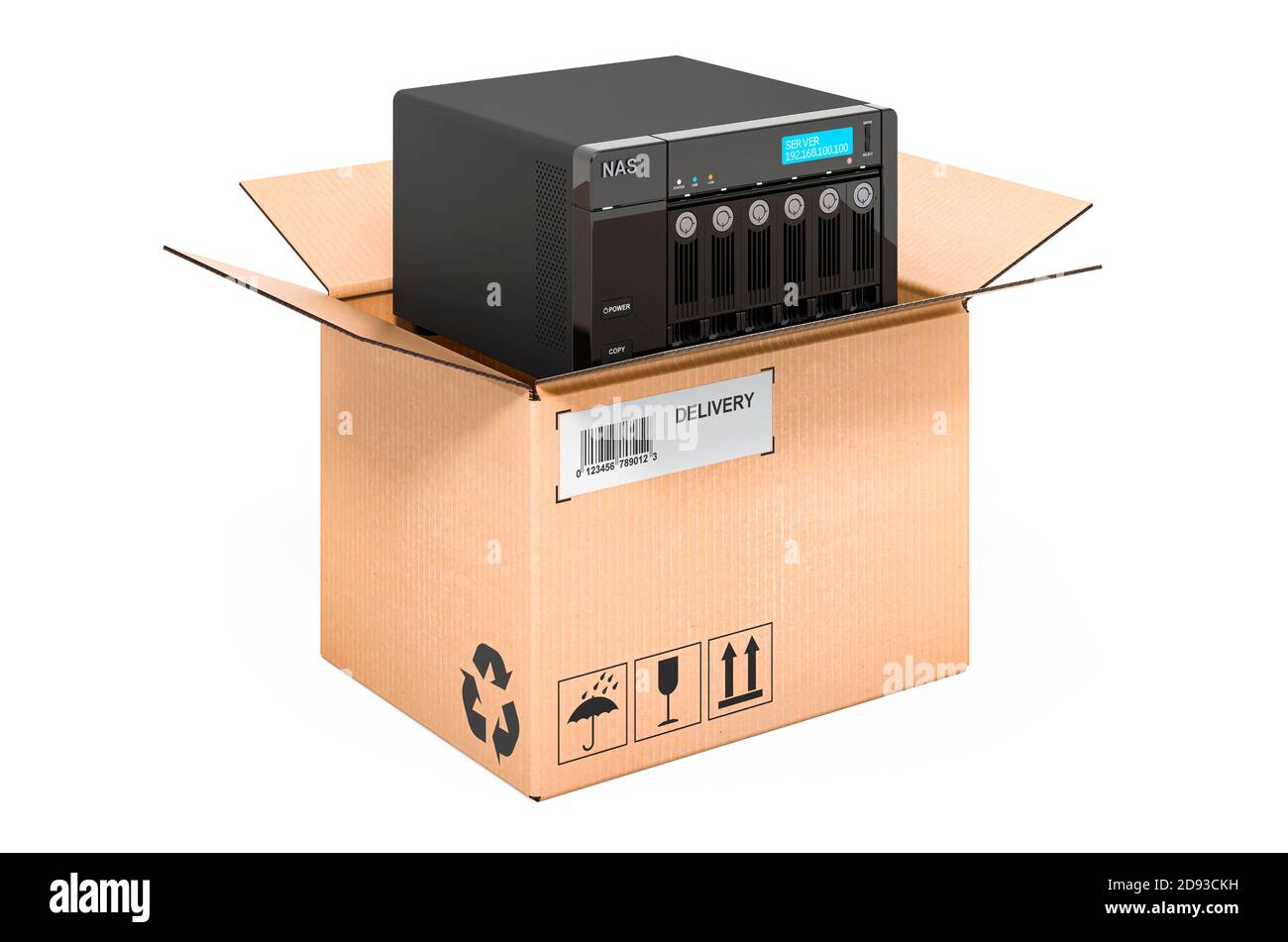 NAS di archiviazione in rete all'interno di scatole di cartone, concetto di consegna. Rendering 3D isolato su sfondo bianco Foto Stock