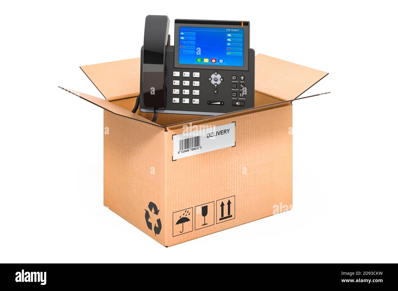 Telefono IP all'interno della scatola di cartone, concetto di consegna. Rendering 3D isolato su sfondo bianco Foto Stock