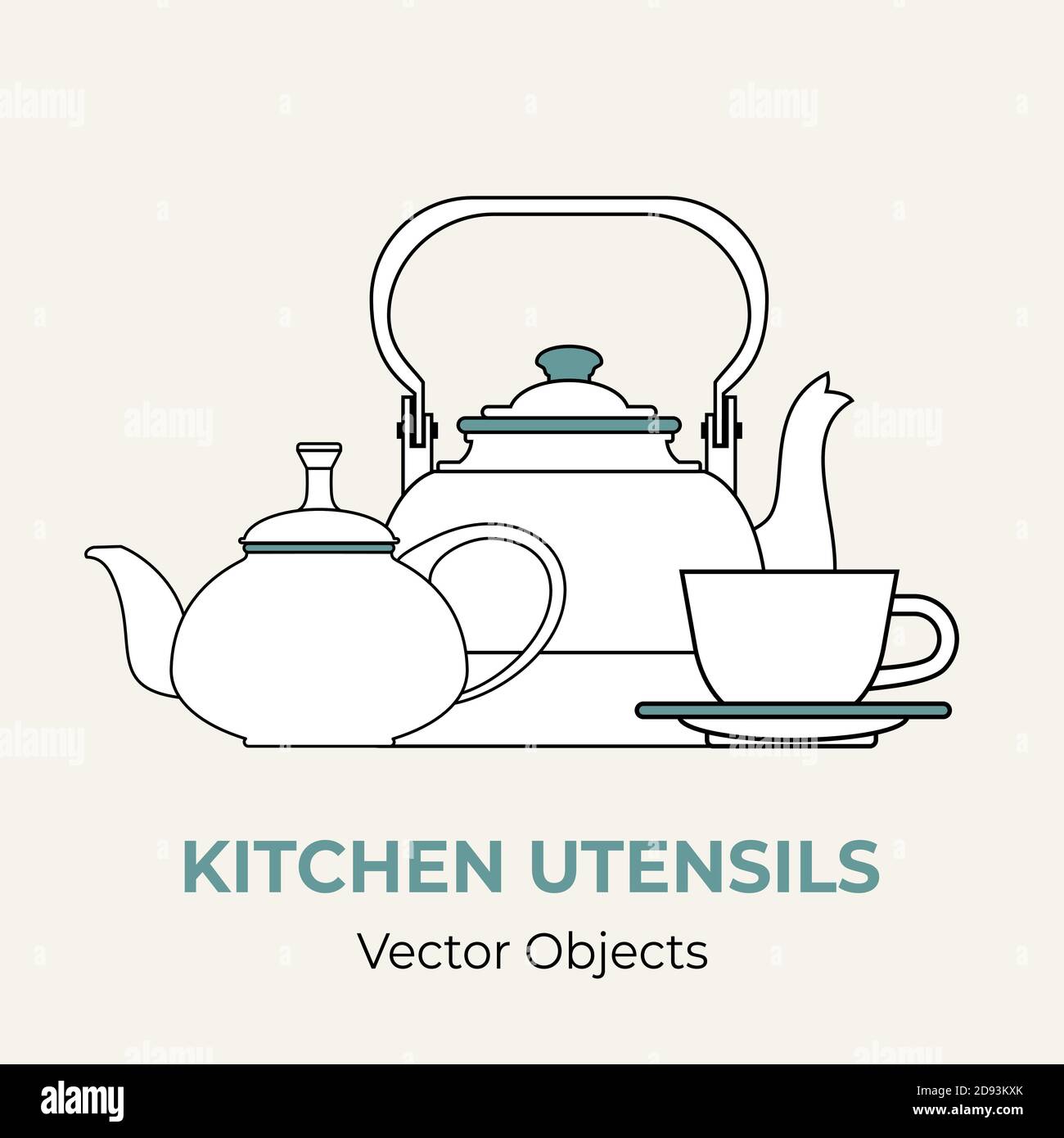 Bevanda caffè tè set concetto vettore isolato. Bollitore tè tazza piatto teiera teiera semplice forma linea illustrazione icona logo Illustrazione Vettoriale