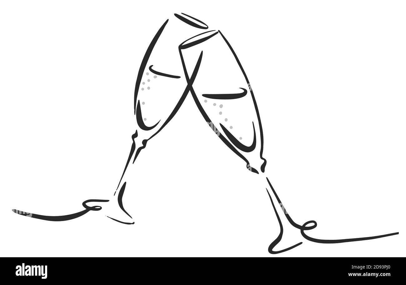 Champagne allegri schizzo disegnato a mano. Stile di incisione disegno vettoriale linea ART Illustrazione Vettoriale