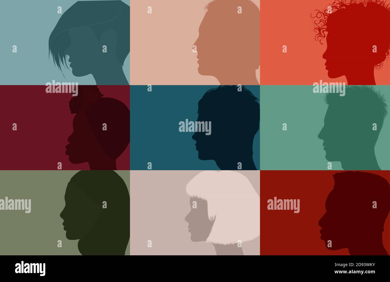 Collage comunità società diversità multietnico people.Group profilo lato uomini e donne di diversa cultura e paesi diversi. Uguaglianza razziale Illustrazione Vettoriale