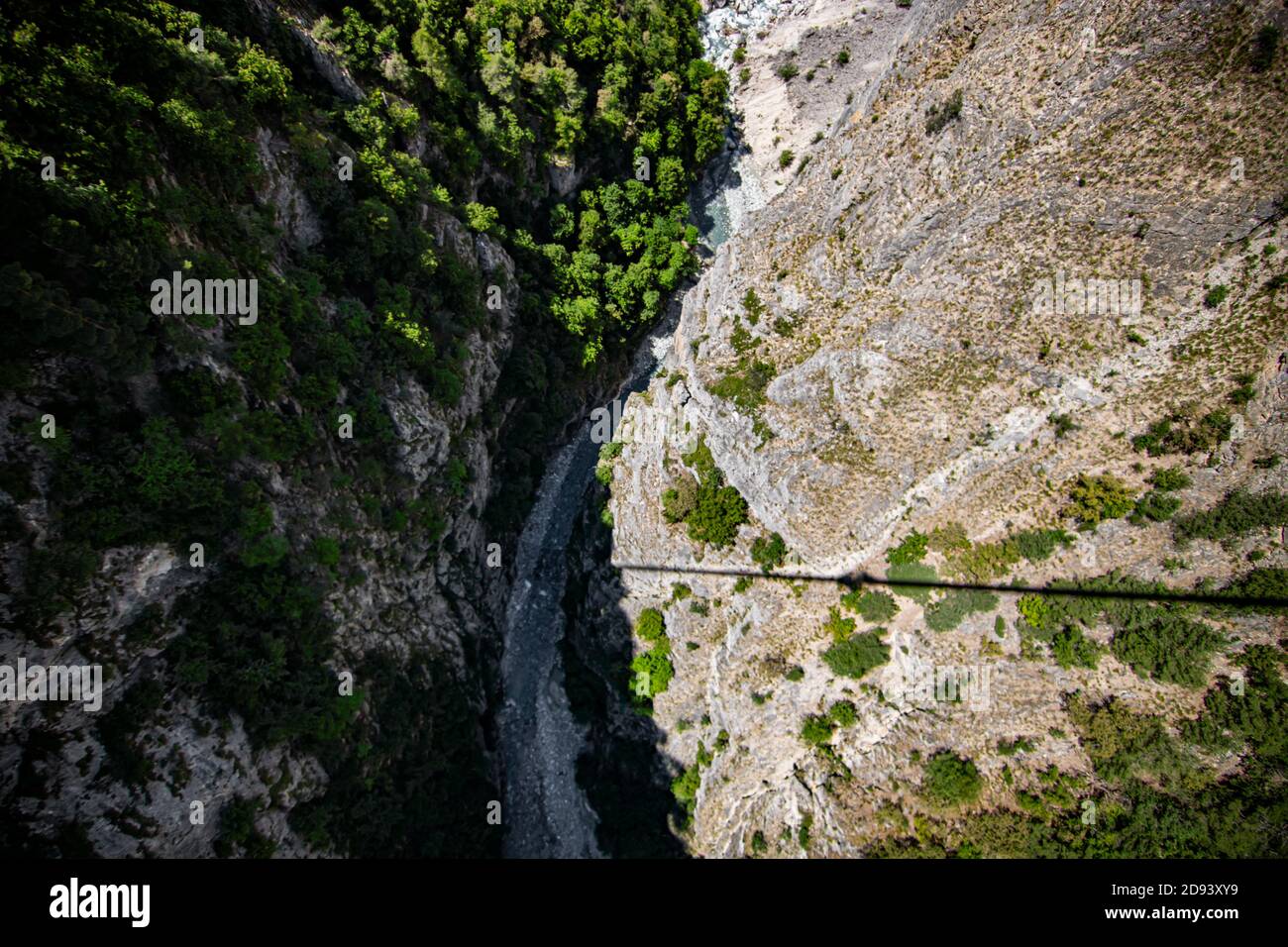 Vista aerea del fiume che scorre attraverso la foresta nella valle alpina In Svizzera Foto Stock
