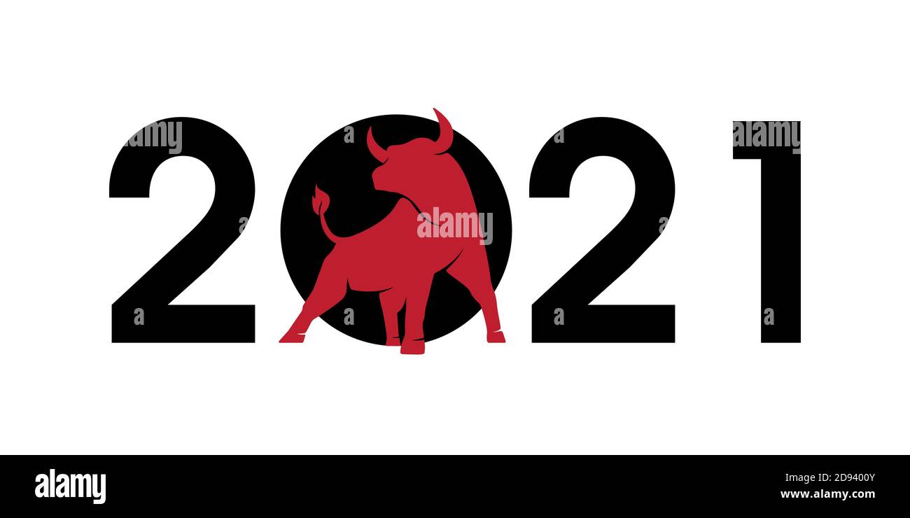 2021 numeri con una silhouette di toro rosso, simbolo dell'anno nel calendario zodiacale cinese. Illustrazione vettoriale di un bue cornuto in piedi o un angus è Illustrazione Vettoriale
