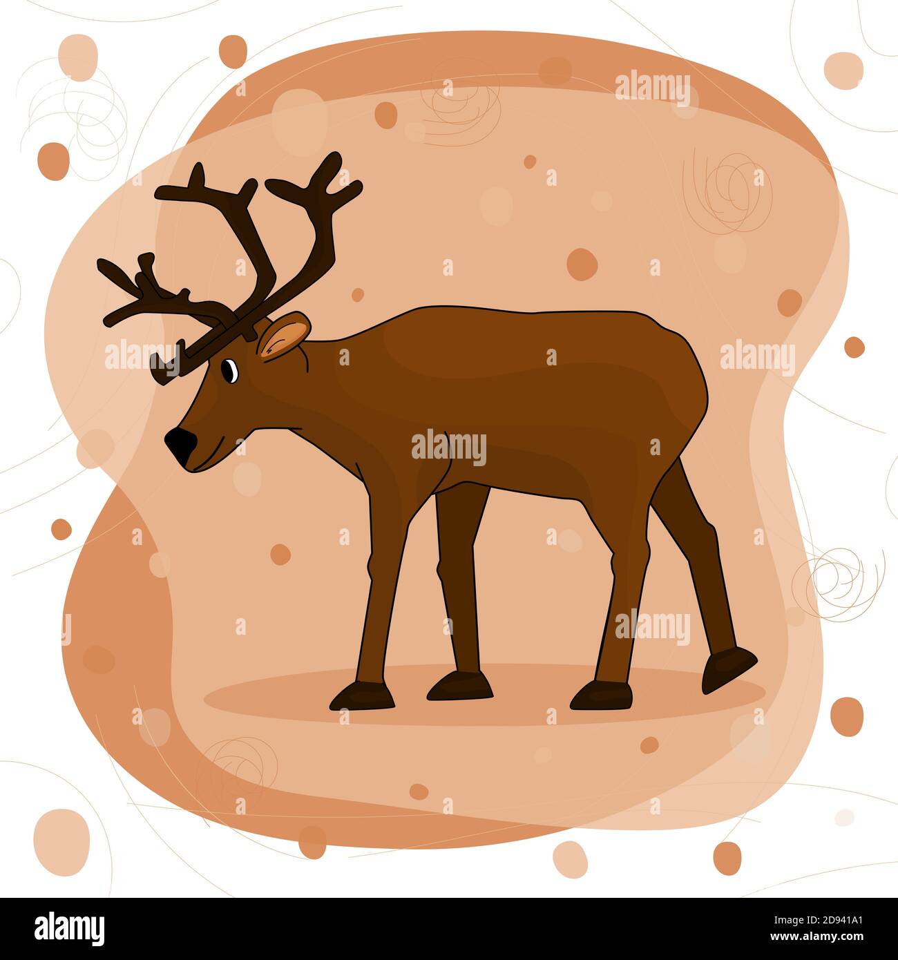 Carino disegnati a mano cartone animato isolato cervo singolo con antlers o. caribou su sfondo marrone Illustrazione Vettoriale