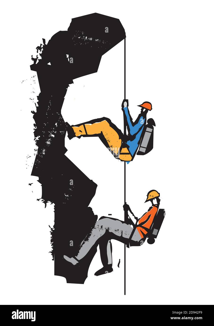 Due arrampicatori su una corda, cartone animato. Illustrazione degli arrampicatori nelle rocce. Grunge Illustrazione stilizzata che imita il linocut. Vettore disponibile. Illustrazione Vettoriale