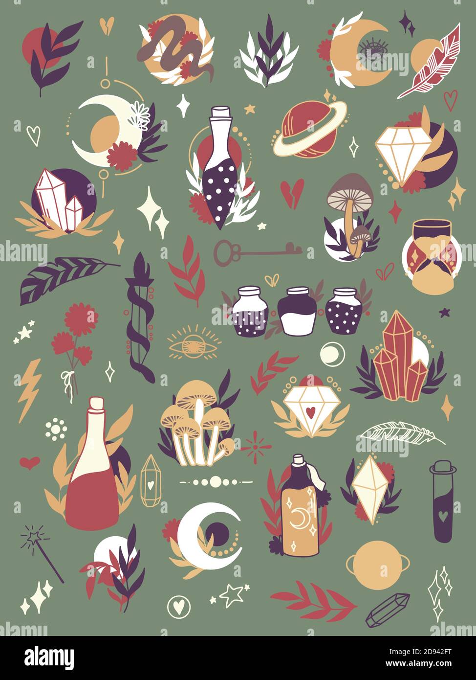 Icone magiche vettoriali. Set di maghi disegnati a mano, doodle, sketch. Simboli stregoneria. Illustrazioni isolate - ideali per adesivi, ricami, badge. Illustrazione Vettoriale