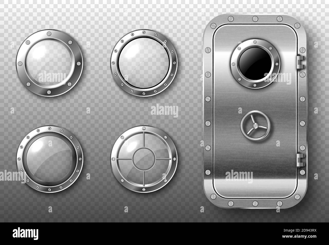 Oblò e porta metallica in navicella spaziale, sottomarino, laboratorio o bunker. Serie vettoriale realistica di finestre rotonde in vetro con telaio in acciaio e rivetti e porta sicura isolata su sfondo trasparente Illustrazione Vettoriale