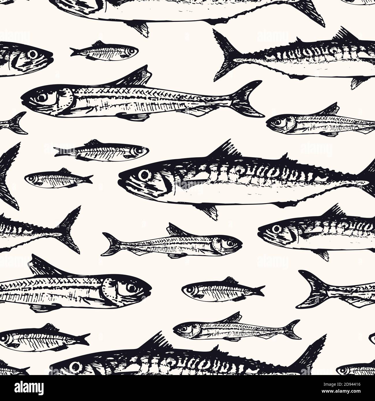 Motivo senza cuciture con pesci di mare e oceano in stile abbozzato. Illustrazione vettoriale di sgombro, tonno e capelin disegnati a mano in stile vintage. Sfondo Illustrazione Vettoriale