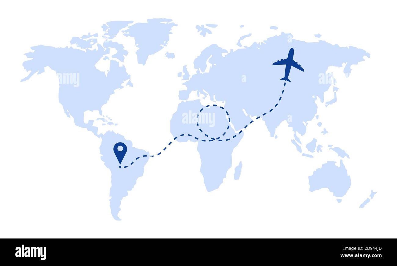 Percorso di viaggio in aereo con concetto di punto di partenza sulla mappa del mondo. Illustrazione Vettoriale