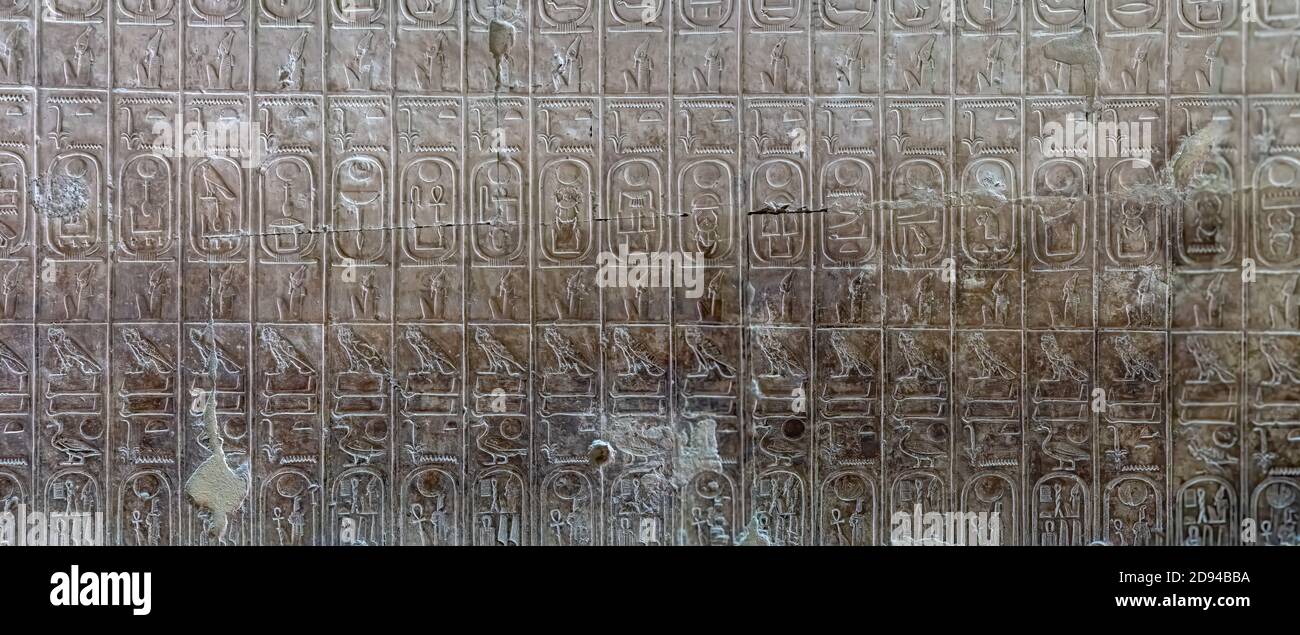 Parte della fila centrale della Lista dei Re degli Abydos che mostra i cartoni dei Faraoni Neferkauhor a Thutmose i, che regnava l'Egitto dal 2181 a.C. al 1493 a.C. Foto Stock