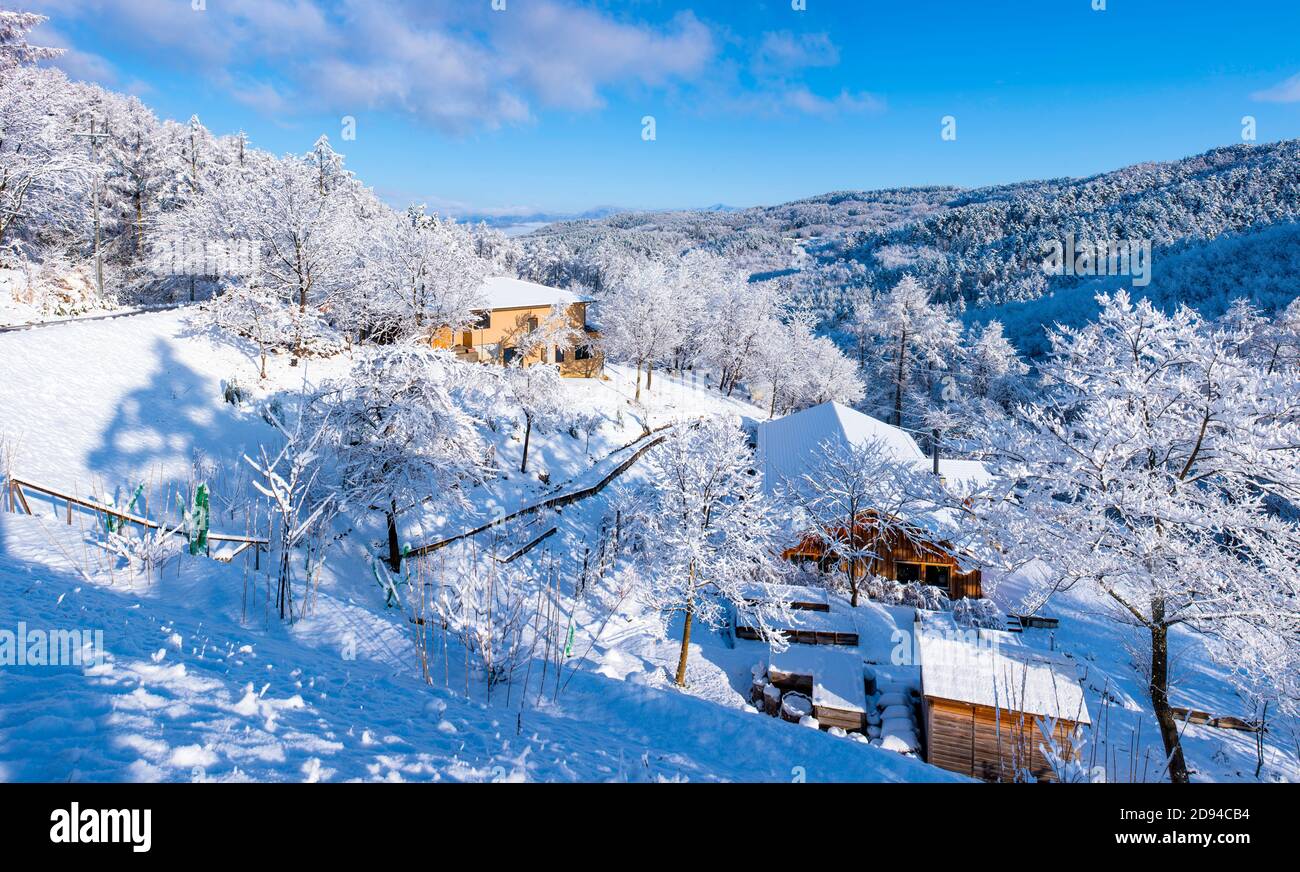 Una scena rurale di case in un paesaggio innevato collinare a Nagano, Giappone Foto Stock