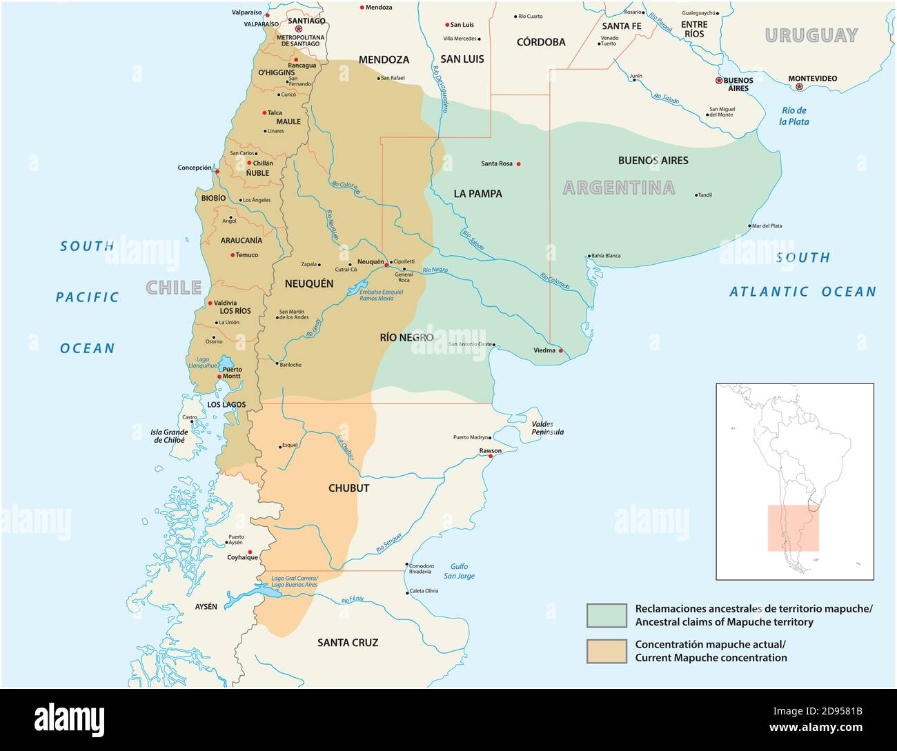 mappa vettoriale area di insediamento delle popolazioni indigene del Mapuche in Cile e Argentina Illustrazione Vettoriale
